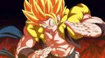  1boy blonde_hair closed_mouth dragon_ball dragon_ball_super dragon_ball_super_broly fighting_stance gogeta green_eyes male_focus metamoran_vest muscular muscular_male pectorals rom_(20) sash serious solo spiked_hair super_saiyan super_saiyan_1 upper_body 