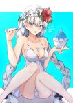  1girl anastasia_(fate) anastasia_(swimsuit_archer)_(fate) bangs bare_arms bare_shoulders black_bow blue_background blue_eyes blue_flower bow braid breasts cleavage collarbone commentary_request dress eyebrows_visible_through_hair eyes_visible_through_hair fate/grand_order fate_(series) feet_out_of_frame flower hair_bow hair_flower hair_ornament hair_over_one_eye hibiscus highres holding holding_spoon iseshi knees_up long_hair medium_breasts panties red_flower shaved_ice silver_hair solo spoon star_(symbol) star_hair_ornament tongue tongue_out twin_braids twintails underwear very_long_hair white_dress white_flower white_panties 