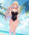  1girl ass_visible_through_thighs atelier_(series) atelier_ryza bangs black_swimsuit blonde_hair blue_sky breasts casual_one-piece_swimsuit cleavage collarbone eyebrows_visible_through_hair floating_hair hair_between_eyes halterneck highres klaudia_valentz long_hair looking_at_viewer medium_breasts ocean one-piece_swimsuit parted_lips shiny shiny_hair sky smile smk solo summer swept_bangs swimsuit thigh_gap very_long_hair yellow_eyes 