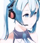  1girl absurdres bangs blue_eyes blue_hair blue_necktie blurry commentary depth_of_field english_commentary hair_between_eyes hatsune_miku headphones headset highres long_hair microphone necktie potetoneko solo vocaloid white_background wing_collar 
