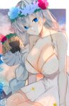  1girl absurdres anastasia_(fate) anastasia_(swimsuit_archer)_(fate) bad_id bad_pixiv_id bangs bare_shoulders blue_eyes blush braid breasts cleavage collarbone commentary doll dress dress_swimsuit fate/grand_order fate_(series) flower_wreath hair_over_one_eye head_wreath highres large_breasts long_hair looking_at_viewer open_mouth silver_hair sky thighs tsumuko twin_braids very_long_hair viy_(fate) white_dress 