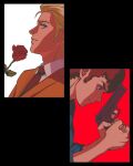  2boys amuro_ray blonde_hair blue_eyes brown_hair brown_necktie char&#039;s_counterattack char_aznable closed_mouth commentary_request formal_clothes gun gundam highres holding holding_gun holding_hose holding_weapon hose multiple_boys necktie weapon yy0880yy 