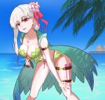  1girl armlet bangs bare_shoulders beach bikini blue_sky blush bracelet braid braided_ponytail breasts cleavage collarbone earrings fate/grand_order fate_(series) flower frills fukuyou_(s7324678123) green_bikini green_vest hair_flower hair_ornament hair_ribbon hood hooded_vest hoodie jewelry kama_(fate) kama_(swimsuit_avenger)_(fate) large_breasts leaning_forward long_hair looking_at_viewer lotus necklace ocean open_mouth palm_leaf pendant red_eyes ribbon silver_hair sky smile solo swimsuit thigh_strap thighs vest 