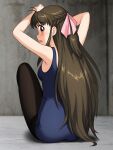  1girl arms_behind_head black_pantyhose blue_one-piece_swimsuit breasts brown_eyes brown_hair commentary_request covered_navel from_behind hair_ribbon half_up_braid highres katsuragi_ayane long_hair looking_at_viewer looking_back neopure old_school_swimsuit one-piece_swimsuit pantyhose pantyhose_under_swimsuit ribbon school_swimsuit sitting small_breasts solo swimsuit thighband_pantyhose true_love_story 