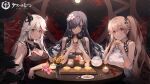  3girls aegir_(azur_lane) anchorage_(azur_lane) august_von_parseval_(azur_lane) azur_lane bare_arms bare_shoulders black_choker black_dress black_hair breast_rest breasts brown_hair china_dress chinese_clothes choker cleavage_cutout clothing_cutout cup dress earrings flower gold_trim grin hair_flower hair_ornament hair_over_one_eye hairclip hands_up horns jewelry large_breasts long_hair looking_at_viewer multicolored_hair multiple_girls official_art print_dress purple_eyes red_eyes sleeveless sleeveless_dress smile streaked_hair table teacup teapot ttosom twintails very_long_hair white_dress white_hair yellow_eyes 