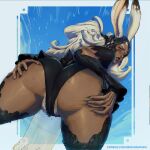 animal_humanoid black_clothing bodily_fluids brown_body brown_skin butt clothed clothed_female clothed_humanoid clothing dark_body dark_skin female final_fantasy final_fantasy_xii fran_(final_fantasy) fur hair hi_res humanoid lagomorph lagomorph_humanoid leporid_humanoid long_ears looking_at_viewer looking_down looking_down_at_viewer mammal mammal_humanoid presenting presenting_hindquarters pubes rabbit_humanoid rear_view redpandawaifu solo square_enix sweat sweatdrop viera white_body white_ears white_fur white_hair