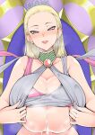  1girl after_paizuri are_(arearee) blonde_hair blush breasts breath center_opening cleavage clothes_lift collarbone cum cum_on_body cum_on_breasts deep_skin dragon_quest dragon_quest_xi eyelashes forehead halterneck highres huge_breasts lips long_hair looking_at_viewer open_mouth paizuri_invitation purple_eyes selen_(dq11) shiny shiny_hair shiny_skin shirt_lift sidelocks solo steam teeth tiara underboob upper_body upper_teeth 