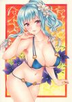  1girl azur_lane bikini blue_bikini blue_hair breasts cleavage eyebrows_visible_through_hair flower hair_flower hair_ornament highres large_breasts long_hair marker_(medium) purple_flower red_hair saya_pr solo st._louis_(azur_lane) swimsuit traditional_media white_flower 