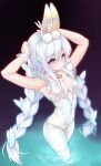  +_+ 1girl absurdres animal_ears armpits arms_up azur_lane bangs bare_arms blue_eyes braid breasts chinese_commentary commentary_request eyebrows_visible_through_hair fake_animal_ears hair_between_eyes hair_ornament hairband highleg highleg_leotard highres le_malin_(azur_lane) le_malin_(listless_lapin)_(azur_lane) leotard long_hair looking_at_viewer mikawa_sansen o-ring official_alternate_costume pantyhose parted_lips playboy_bunny rabbit_ears small_breasts solo standing thigh_strap twin_braids very_long_hair wading water white_hair white_hairband white_legwear white_leotard wrist_cuffs 