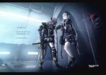  2girls assault_rifle black_footwear black_legwear boots girls&#039;_frontline green_eyes grey_hair gun h&amp;k_hk416 h&amp;k_ump45 hair_down highres hk416_(girls&#039;_frontline) indoors long_hair long_sleeves mishima_hiroji mod3_(girls&#039;_frontline) multiple_girls pantyhose rifle shirt silver_hair single_leg_pantyhose standing submachine_gun teardrop teardrop_tattoo translated ump45_(girls&#039;_frontline) weapon white_shirt 