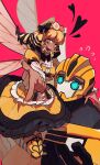  1boy 1girl :d absurdres autobot black_bow blonde_hair bow bright_pupils bumblebee_(transformers) fang final_fantasy final_fantasy_xiv flying_sweatdrops green_eyes gudai_baihe_tun hair_bow head_wreath heart heart-shaped_pupils heterochromia highres honey_b._lovely insect_wings leg_up looking_at_viewer medium_hair pink_background pointing pointing_at_viewer robot simple_background skirt smile symbol-shaped_pupils thighhighs trait_connection transformers transformers_prime white_pupils wings yellow_eyes yellow_skirt yellow_thighhighs 
