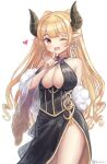  1girl :d alba_(granblue_fantasy) bare_shoulders black_dress blonde_hair blush breasts brooch choker cleavage draph dress drill_hair earrings finger_to_mouth gold_trim granblue_fantasy heart highres horns jewelry large_breasts long_hair mole mole_under_mouth one_eye_closed open_mouth orange_eyes pointy_ears side_slit sleeveless sleeveless_dress smile solo stole twitter_username vellistix very_long_hair white_background 