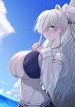  1girl anastasia_(fate) anastasia_(swimsuit_archer)_(fate) areola_slip areolae bangs bare_shoulders bikini blue_bikini blue_eyes blue_skirt blue_sky blush bow breasts cleavage cloud cloudy_sky collarbone covered_nipples eyebrows_visible_through_hair fate/grand_order fate_(series) grin hair_bow hair_over_one_eye highres huge_breasts index_finger_raised jewelry kemurin long_hair long_sleeves looking_at_viewer looking_to_the_side miniskirt navel necklace ocean ponytail puffy_long_sleeves puffy_sleeves silver_hair skirt sky smile solo swimsuit very_long_hair wading wet 