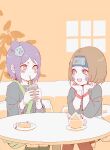  2girls :d blush_stickers bracelet brown_hair cake cup drink facial_mark flower food forehead_protector hair_flower hair_ornament hands_on_own_face highres holding holding_cup holding_drink jewelry konan_(naruto) konohagakure_symbol looking_at_another meitarou multiple_girls naruto naruto_(series) naruto_shippuuden nohara_rin open_mouth orange_eyes purple_hair short_hair sitting smile table younger 