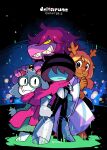  1boy 1other 2girls absurdres antlers blonde_hair blue_skin buck_teeth city cloak colored_skin commentary copyright_name deltarune freckles furry glasses goat_boy goat_horns hair_over_eyes highres horns kris_(deltarune) looking_at_viewer multiple_girls noelle_holiday purple_hair purple_skin ralsei rariatto_(ganguri) reindeer_antlers reindeer_girl robe sharp_teeth standing susie_(deltarune) teeth 