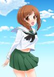 1girl :d abimaru_gup arm_behind_back bangs black_neckerchief blouse blue_sky brown_eyes brown_hair cloud cloudy_sky commentary_request day eyebrows_visible_through_hair girls_und_panzer green_skirt hand_on_own_arm highres long_sleeves looking_at_viewer midriff_peek miniskirt navel neckerchief nishizumi_miho ooarai_school_uniform open_mouth outdoors partial_commentary pleated_skirt sailor_collar school_uniform serafuku short_hair skirt sky smile solo standing white_blouse white_sailor_collar wind 