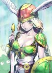  1girl armor bikini_armor blonde_hair braid breasts character_request cleavage fujii_eishun green_eyes helmet highres long_braid pauldrons polearm shield shoulder_armor single_braid slime_(creature) solo sword trident valkyrie_(vnd) valkyrie_no_densetsu weapon winged_helmet 