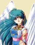  1990s_(style) 1girl arm_strap blue_eyes can_can_bunny earrings feathered_wings green_hair hair_ornament highres jewelry long_hair official_art open_mouth retro_artstyle scan simple_background solo swatty_(can_can_bunny) white_wings wings 