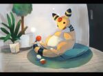  :d ampharos commentary_request cushion door flower_pot indoors kikuyoshi_(tracco) letterboxed no_humans open_mouth plant pokemon pokemon_(creature) potted_plant rug shiny smile solo tongue 