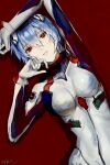  1girl absurdres arm_above_head ayanami_rei bangs blue_hair bodysuit breasts chinese_commentary commentary covered_collarbone dated hand_on_own_cheek hand_on_own_face highres looking_at_viewer lying multicolored_clothes neon_genesis_evangelion on_back parted_lips plugsuit red_background red_eyes short_hair signature simple_background solo tenderina_123 upper_body white_bodysuit 