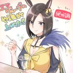  &gt;:) 1girl air_groove_(umamusume) animal_ears bangs bare_shoulders black_choker black_hair black_shirt blue_eyes blush breasts choker cleavage closed_mouth clothing_cutout collarbone commentary_request eyebrows_visible_through_hair hair_between_eyes hand_up holding holding_spoon horse_ears looking_away looking_down medium_breasts oimo parted_bangs puffy_short_sleeves puffy_sleeves ribbon-trimmed_sleeves ribbon_trim sailor_collar shirt short_sleeves shoulder_cutout smile solo spoon translation_request umamusume upper_body v-shaped_eyebrows white_background yellow_sailor_collar yellow_shirt 