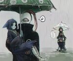  1girl 3boys bandaged_head bandages bin_brothers_(tokyo_ghoul) black_cloak brothers brown_hair carrying cloak commentary_request eto_(tokyo_ghoul) from_side holding holding_person holding_umbrella hood hood_up long_hair long_sleeves looking_at_another mask multiple_boys noro_(tokyo_ghoul) on_shoulder ponytail princess_carry rain red_eyes shared_umbrella siblings sitting speech_bubble straw_like teeth_print tokyo_ghoul torn_clothes translation_request umbrella 