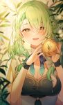  1girl apple blush branch breasts ceres_fauna cleavage food fruit golden_apple green_hair green_nails highres holding holding_food holding_fruit hololive hololive_english horns large_breasts leaf long_hair looking_at_viewer mole mole_under_eye nature open_mouth reel_(riru) smile solo upper_body virtual_youtuber yellow_eyes 