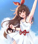  1girl :d alternate_costume amber_(genshin_impact) ardenlolo arm_up armpits bangs baron_bunny_(genshin_impact) blue_sky blurry breasts brown_eyes brown_hair carrying cleavage cloud cloudy_sky collarbone commentary_request depth_of_field dress eyebrows_visible_through_hair genshin_impact hair_between_eyes hairband long_hair looking_at_viewer open_mouth picnic_basket sidelocks sky smile solo stuffed_animal stuffed_bunny stuffed_toy sundress sweat watermark white_dress 