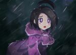  1boy :o ahoge allister_(pokemon) black_hair chiimako coat commentary_request gloves hand_up leaning_forward long_sleeves male_focus mole mole_under_mouth night open_mouth outdoors pokemon pokemon_(game) pokemon_swsh purple_coat purple_eyes rain short_hair solo wet wet_hair 