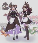  2girls :d :o alternate_costume apron audino bangs blue_eyes blush bow bowtie breasts brown_footwear brown_hair buttons commentary_request cup double_bun dress emolga enmaided eyelashes glass hair_ornament highres hilda_(pokemon) holding holding_teapot holding_tray long_hair looking_at_viewer maid minccino multiple_girls open_mouth oshawott pantyhose poke_ball poke_ball_(basic) pokemon pokemon_(creature) pokemon_(game) pokemon_bw pokemon_bw2 rosa_(pokemon) rpp_pic shoes short_sleeves sidelocks smile snivy standing teapot tepig thighhighs tongue tray twintails white_apron white_legwear x_hair_ornament 