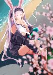  1girl :p absurdres animal_ears azur_lane bangs beach blunt_bangs blurry branch breasts cherry_blossoms commentary_request depth_of_field extra_ears eyebrows_visible_through_hair from_above highres long_hair long_sleeves looking_at_viewer looking_up rabbit_ears shimakaze_(azur_lane) sidelocks silver_hair sitting smile solo thick_eyebrows tongue tongue_out underboob yellow_eyes yuzu_minari 