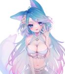  1girl absurdres animal_ears animal_hair_ornament bangs blue_eyes blue_hair breasts character_name cherry_blossoms chest_harness cleavage fishnets flower frills gradient_hair hair_flower hair_ornament hair_twirling hairclip harness highres large_breasts long_hair midriff multicolored_hair nail_art neko_neko_ne_katta no_panties parted_bangs pearl_(gemstone) pink_hair pink_nails see-through silvervale simple_background skirt tail tongue tongue_out very_long_hair vshojo white_background white_nails wolf_ears wolf_girl wolf_tail 