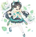  1girl ark_order bangs bare_shoulders black_bow black_hair blue_bow blue_footwear bow bug butterfly butterfly_wings detached_collar detached_sleeves dress energy_wings flat_chest flower footwear_bow frilled_sleeves frills full_body gold_trim green_bow green_dress green_eyes green_wings hair_bow hair_flower hair_ornament hairclip leaf leizu_(ark_order) long_hair long_sleeves multicolored_clothes multicolored_dress official_art shoes solo sparkle tachi-e thighhighs transparent_background tsukimi_(xiaohuasan) twintails very_long_hair white_bow white_dress white_flower white_legwear wings 