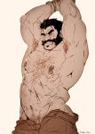  1boy abs arm_hair armpit_hair armpits arms_up bara blood brown_theme chest_hair cuts facial_hair feet_out_of_frame graves_(league_of_legends) injury large_pectorals league_of_legends male_focus male_pubic_hair mature_male monochrome muscular muscular_male mustache navel navel_hair nipple_piercing nipple_rings nipples old old_man open_fly open_pants pants pectorals piercing pubic_hair pubic_hair_peek rybiok saliva sexually_suggestive short_hair sideburns solo stomach stubble topless_male wrinkled_skin 