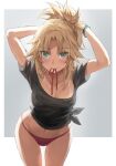  1girl armpits arms_behind_head arms_up bangs black_shirt blonde_hair blush breasts collarbone fate/apocrypha fate_(series) green_eyes highres long_hair looking_at_viewer mordred_(fate) mordred_(fate/apocrypha) mouth_hold panties parted_bangs ponytail red_panties shirt short_sleeves sidelocks small_breasts solo tan tanlines thighs tied_shirt tonee tying_hair underwear 