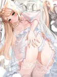  1girl animal_ears ass bangs bent_over blonde_hair blurry blurry_background blush breasts cat_ears cat_tail eyebrows_visible_through_hair garter_straps green_eyes hand_on_own_ass highres katsushika_pachi large_breasts long_hair looking_at_viewer looking_back original panties parted_bangs see-through solo tail thighhighs underwear veil white_legwear white_panties 