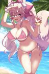  1girl animal_ear_fluff animal_ears arm_up ass_visible_through_thighs bangs bare_shoulders beach bikini blue_sky blush bow bracelet breasts cameltoe cleavage collarbone covered_nipples eyebrows_visible_through_hair fang fate/grand_order fate_(series) fox_ears fox_girl fox_shadow_puppet fox_tail glasses hair_between_eyes hair_bow highres jewelry koyanskaya_(fate) large_breasts long_hair looking_at_viewer navel ocean one_eye_closed open_mouth palm_tree pink_bikini pink_bow pink_hair ponytail shading_eyes shore sidelocks sky smile solo swimsuit tail tamamo_(fate) thighs tree utani_(punishment) yellow_eyes 