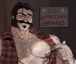  1boy arm_hair bara bare_pectorals beckoning blush chain chest_hair come_hither english_text facial_hair graves_(league_of_legends) large_pectorals league_of_legends male_focus male_prostitution mature_male muscular muscular_male mustache nipple_piercing nipple_rings nipples old old_man pectorals piercing pointing pointing_at_self red_shirt rybiok seductive_smile shirt short_hair sleeveless sleeveless_shirt smile solo stubble torn_clothes torn_shirt upper_body wrinkled_skin 