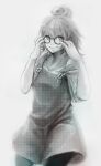  1girl adjusting_eyewear bangs collarbone cowboy_shot dress eto_(tokyo_ghoul) eyebrows_visible_through_hair glasses grey_background greyscale hands_up long_hair looking_at_viewer monochrome pantyhose round_eyewear shiny shiny_hair shirt short_sleeves simple_background smile solo straw_like tokyo_ghoul 