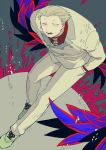  1boy blonde_hair brown_footwear buttons collared_shirt double-breasted grey_background hand_in_pocket jacket kagune_(tokyo_ghoul) leaning_forward lower_teeth male_focus omori_yakumo open_mouth pants red_shirt shirt signature smile solo teeth tokyo_ghoul white_jacket white_pants zoo_(oukakumaku) 