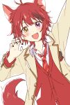  1boy :d ahoge animal_ears dog_boy dog_ears fang heterochromia highres male_focus namori open_mouth purple_eyes red_hair rinu_(niconico) school_uniform short_hair simple_background smile solo strawberry_prince tail utaite_(singer) white_background yellow_eyes 