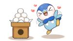  &gt;_&lt; blush box commentary_request flapping heart jumping motion_lines no_humans official_art open_mouth piplup pokemon pokemon_(creature) project_pochama solo toes tongue white_background 