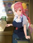  1girl apron bangs blush breasts cash_register cleavage dragon_girl dragon_horns eyebrows_visible_through_hair horns huge_breasts ice_(ice_aptx) ilulu_(maidragon) kobayashi-san_chi_no_maidragon long_hair looking_at_viewer open_mouth pink_hair pointy_ears red_eyes red_hair shirt shop slit_pupils smile solo store_clerk twintails uniform 