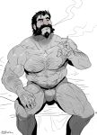  1boy :o abs arm_hair bara blush bulge chest_hair cigarette facial_hair feet_out_of_frame graves_(league_of_legends) greyscale jockstrap large_pectorals league_of_legends male_focus male_underwear mature_male monochrome muscular muscular_male mustache navel navel_hair nipples old old_man on_bed pectorals rybiok short_hair sitting smoking solo spot_color stomach thick_thighs thighs topless_male underwear underwear_only wrinkled_skin 