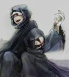  2boys :d bin_brothers_(tokyo_ghoul) black_hair brothers cloak commentary_request eye_mask grey_background half_mask hood hood_up hooded_cloak long_sleeves male_focus mask multiple_boys open_mouth siblings simple_background smile straw_like teeth tokyo_ghoul torn_cloak torn_clothes upper_teeth 