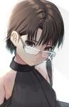  1girl asymmetrical_hair brown_eyes brown_hair closed_mouth commentary glasses hair_ornament hairclip highres iwakura_lain looking_at_viewer masahito_(yomenu) serial_experiments_lain short_hair simple_background solo white_background x_hair_ornament 