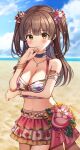  1girl arm_under_breasts arm_up armband bangs beach bikini bikini_skirt blush bracelet breasts brown_eyes brown_hair choker cleavage cloud commentary earrings flower food-themed_earrings hair_ornament highres idoly_pride jewelry long_hair navel necklace ocean pluto_(97dwnstjq) ribbon sand sky standing strawberry_earrings suzumura_yuu swimsuit water 