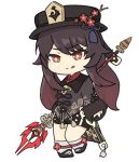  1girl :q bangs black_hair black_shorts chibi chinese_clothes commentary_request eyebrows_visible_through_hair flower full_body genshin_impact hair_between_eyes hand_on_hip hat hat_flower hat_ornament holding holding_polearm holding_weapon hu_tao_(genshin_impact) long_hair long_sleeves looking_at_viewer nyaru_(nyaru_4126) polearm red_eyes shorts sidelocks simple_background smile solo spear staff_of_homa_(genshin_impact) standing standing_on_one_leg symbol-shaped_pupils tongue tongue_out weapon white_background 