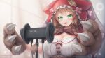  1girl :d absurdres animal_hands animal_hood asmr binaural_microphone blush bow braid breasts brown_bow brown_hair character_name cleavage flower gloves green_eyes highres hood large_breasts nijisanji open_mouth paw_gloves red_bow red_hood short_hair smile solo tousaki_(tousakiworks) twin_braids upper_body virtual_youtuber warabeda_meijii 