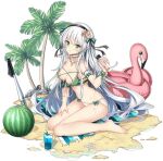  1girl ark_order bangs bare_legs baseball_bat beach_towel bikini black_hairband bow breasts brunhild_(ark_order) cleavage faux_figurine flower food fruit full_body glass green_bikini green_bow green_hair green_ribbon hair_bow hair_flower hair_ornament hairband holding innertube jianren large_breasts long_hair looking_at_viewer lotion official_art palm_tree pink_innertube ribbon sand sidelocks sitting solo starfish sunscreen swimsuit tachi-e towel transparent_background tree watermelon white_bikini white_hair wrist_ribbon 